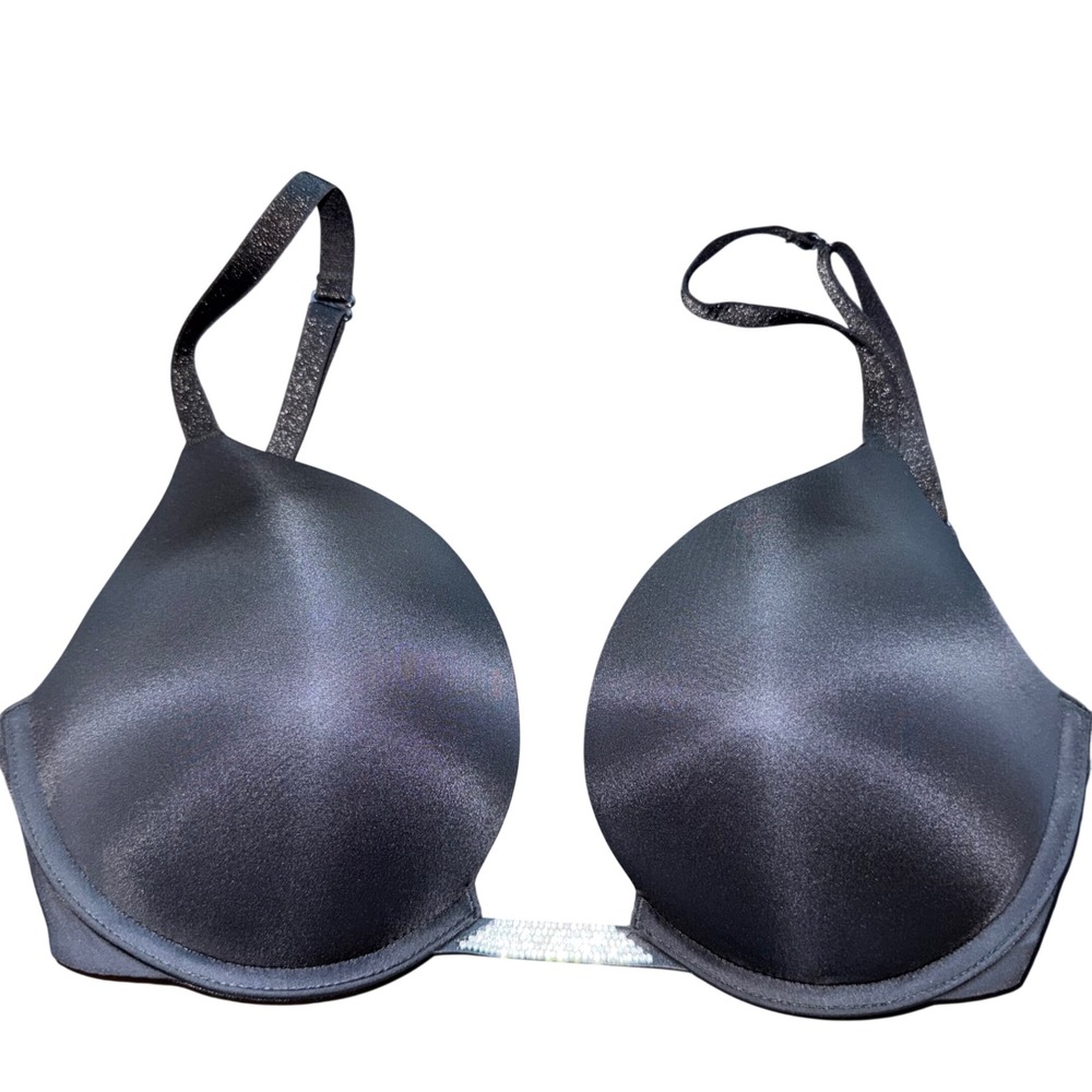 Victoria's Secret Black Satin Plunge Bra Rhinestone Bridge 34DD NWOT